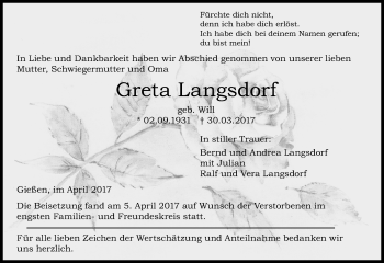 Traueranzeige von Greta Langsdorf von  Gießener Anzeiger