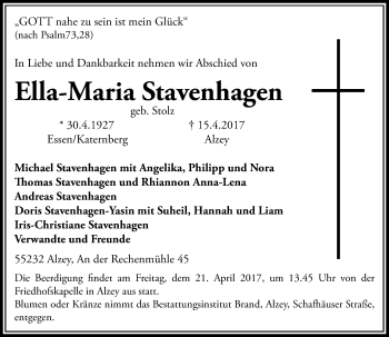 Traueranzeige von Ella-Maria Stavenhagen von Trauerportal Rhein Main Presse