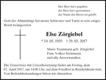 Traueranzeige von Else Zörgiebel von Trauerportal Echo Online
