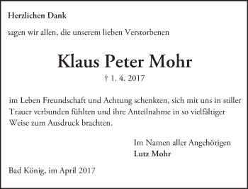 Traueranzeige von Klaus Peter Mohr von Trauerportal Echo Online