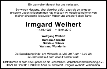 Traueranzeige von Irmgard Weihert von Trauerportal Echo Online