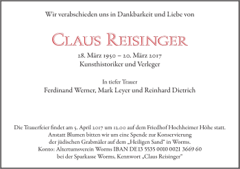 Traueranzeige von Claus Reisinger von Trauerportal Rhein Main Presse