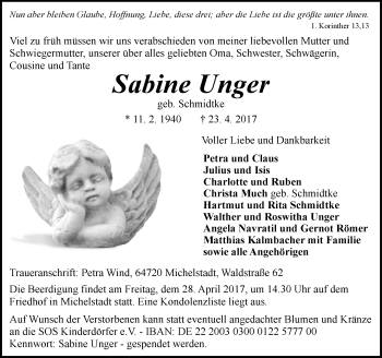Traueranzeige von Sabine Unger von Trauerportal Echo Online
