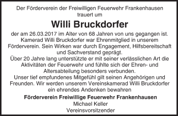 Traueranzeige von Willi Bruckdorfer von Trauerportal Echo Online