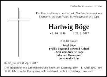 Traueranzeige von Hartwig Böge von  Kreisanzeiger