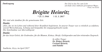 Traueranzeige von Brigitte Heinritz von Trauerportal Rhein Main Presse