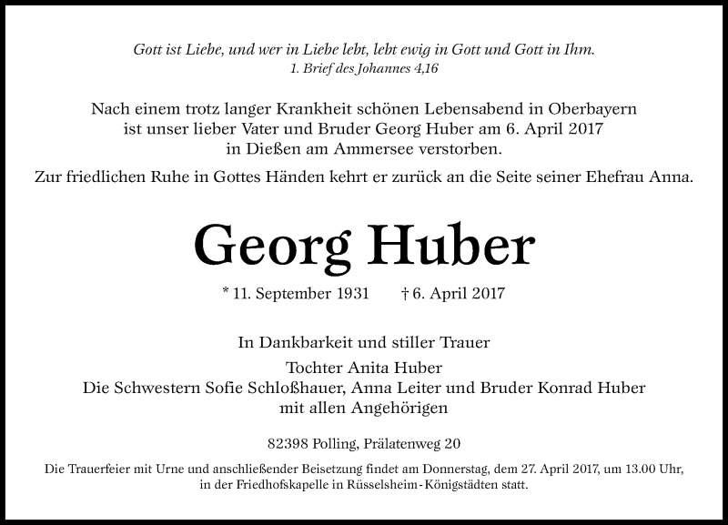  Traueranzeige für Georg Huber vom 15.04.2017 aus Trauerportal Rhein Main Presse