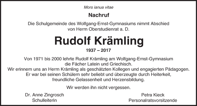  Traueranzeige für Rudolf Krämling vom 29.04.2017 aus  Kreisanzeiger
