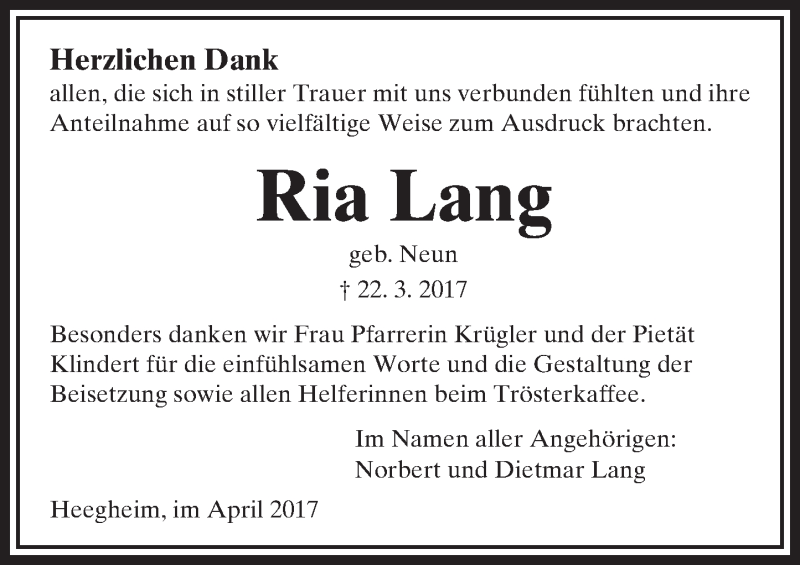  Traueranzeige für Ria Lang vom 22.04.2017 aus  Kreisanzeiger