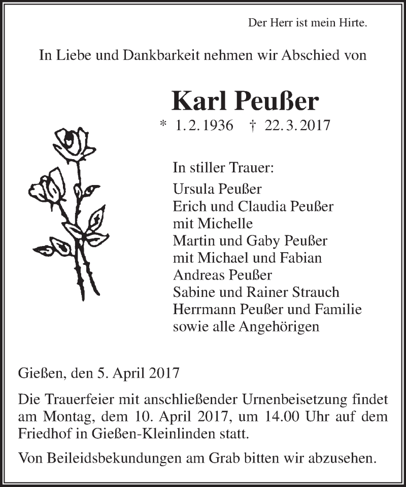  Traueranzeige für Karl Peußer vom 05.04.2017 aus  Gießener Anzeiger