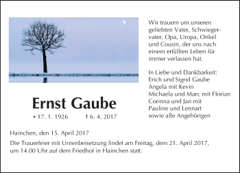Traueranzeige von Ernst Gaube von  Kreisanzeiger