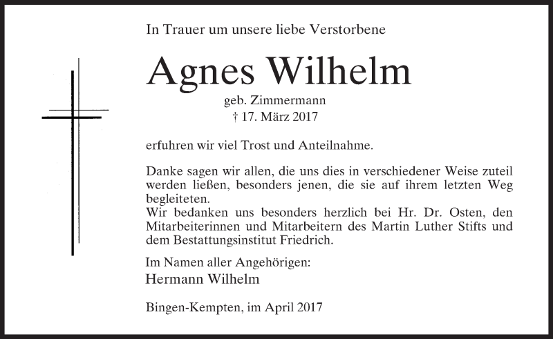  Traueranzeige für Agnes Wilhelm vom 22.04.2017 aus Trauerportal Rhein Main Presse