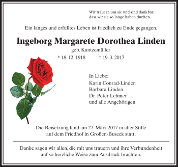 Traueranzeige von Ingeborg Linden von  Gießener Anzeiger