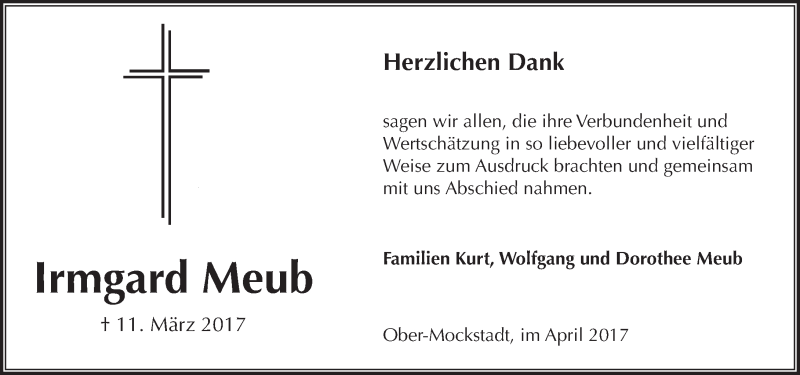  Traueranzeige für Irmgard Meub vom 15.04.2017 aus  Kreisanzeiger