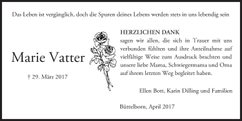 Traueranzeige von Marie Vatter von Trauerportal Echo Online