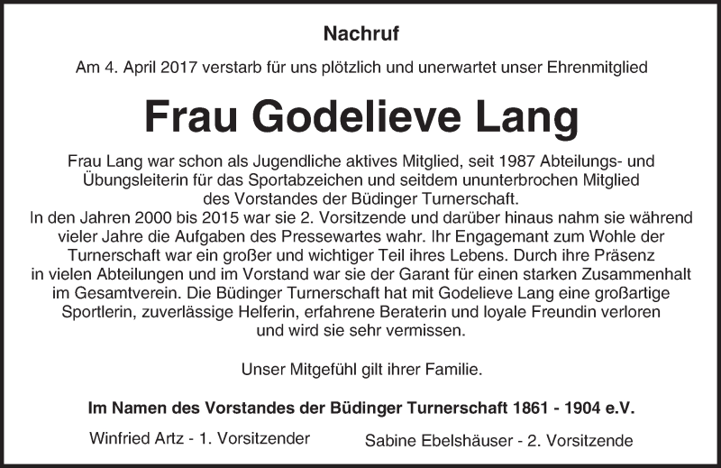  Traueranzeige für Godelieve Lang vom 12.04.2017 aus  Kreisanzeiger