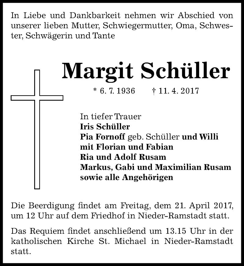  Traueranzeige für Margit Schüller vom 18.04.2017 aus Trauerportal Echo Online