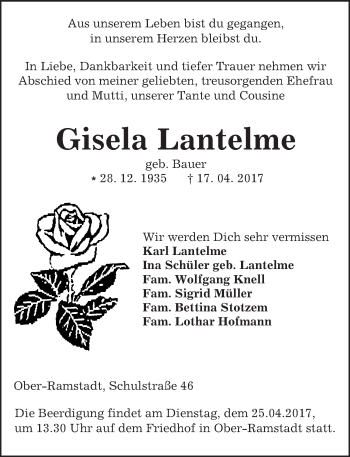 Traueranzeige von Gisela Lantelme von Trauerportal Echo Online