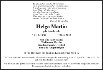 Traueranzeige von Helga Martin von Trauerportal Rhein Main Presse
