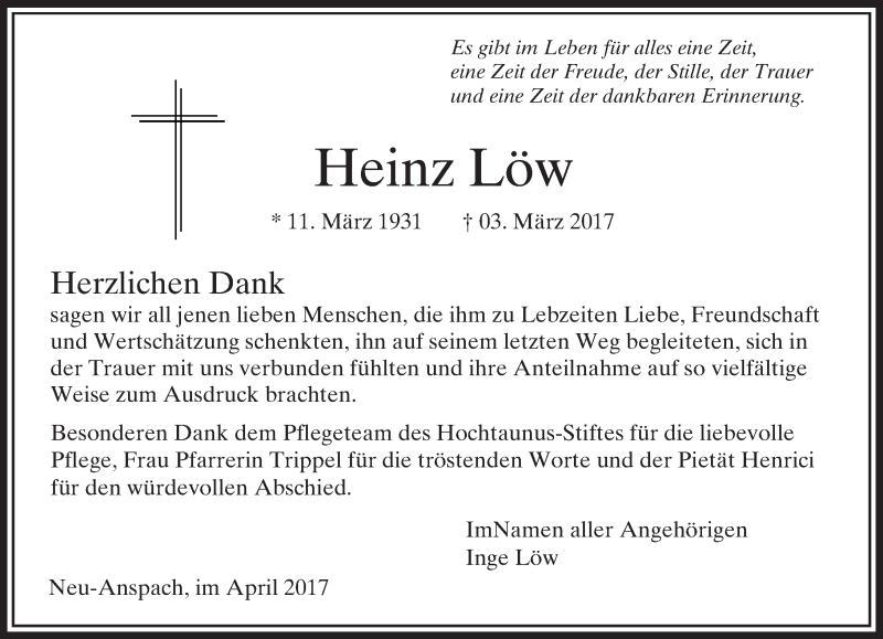  Traueranzeige für Heinz Löw vom 05.04.2017 aus  Usinger Anzeiger