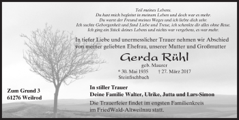 Traueranzeige von Gerda Rühl von  Camberger Anzeiger
