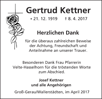 Traueranzeige von Gertrud Kettner von Trauerportal Echo Online