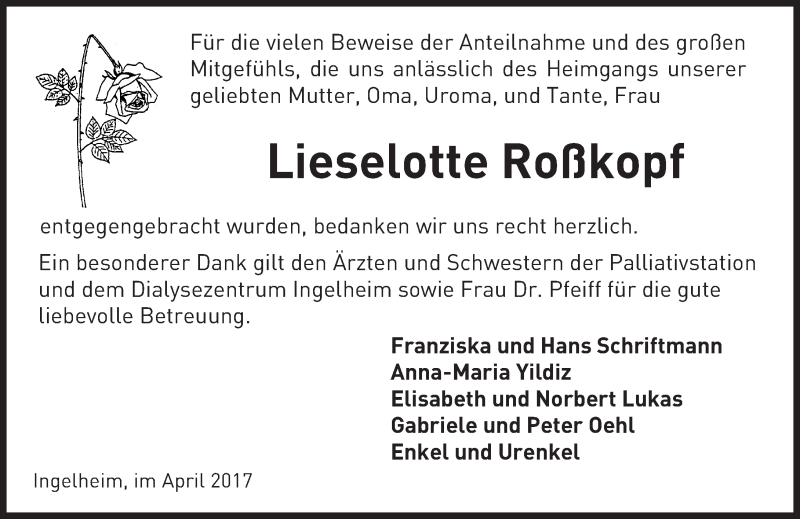  Traueranzeige für Lieselotte Roßkopf vom 22.04.2017 aus Trauerportal Rhein Main Presse