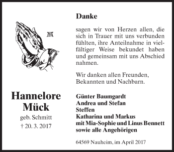 Traueranzeige von Hannelore Mück von Trauerportal Rhein Main Presse