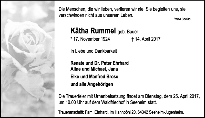  Traueranzeige für Kätha Rummel vom 21.04.2017 aus Trauerportal Echo Online