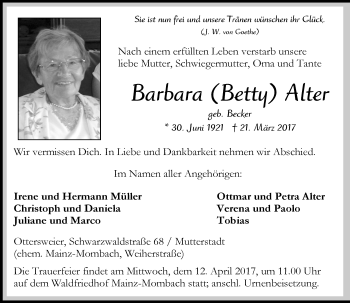 Traueranzeige von Barbara  Alter von Trauerportal Rhein Main Presse
