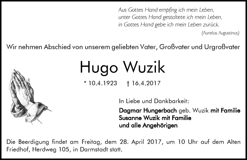  Traueranzeige für Hugo Wuzik vom 22.04.2017 aus Trauerportal Echo Online