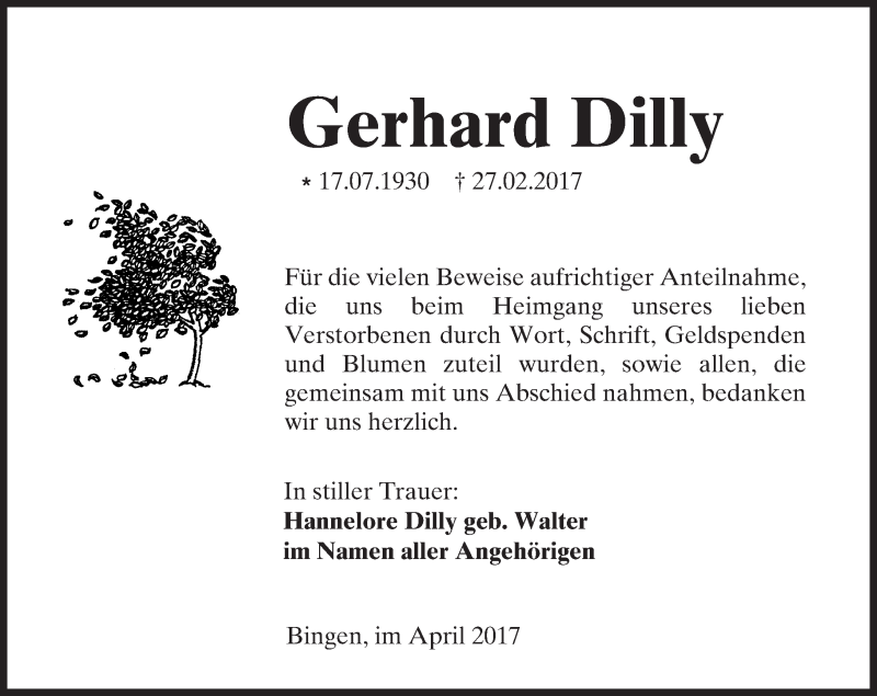  Traueranzeige für Gerhard Dilly vom 22.04.2017 aus Trauerportal Rhein Main Presse