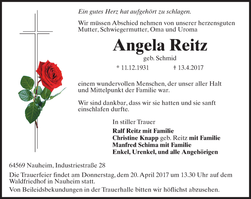  Traueranzeige für Angela Reitz vom 19.04.2017 aus Trauerportal Rhein Main Presse