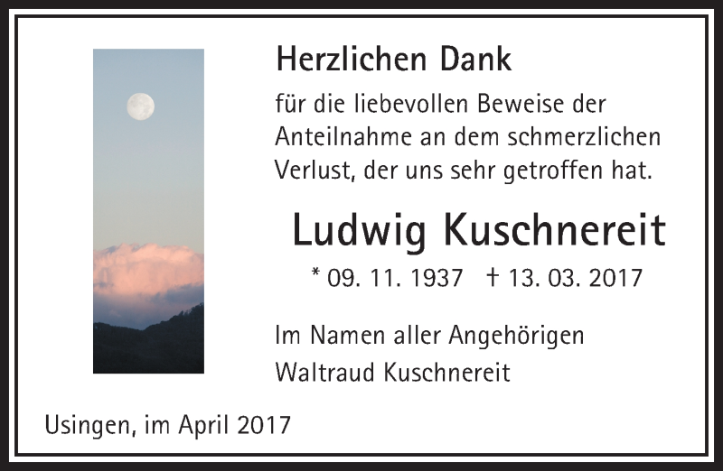  Traueranzeige für Ludwig Kuschnereit vom 15.04.2017 aus  Usinger Anzeiger