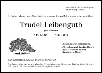 Traueranzeige von Trudel Leibenguth von Trauerportal Rhein Main Presse