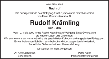 Traueranzeige von Rudolf Krämling von  Kreisanzeiger