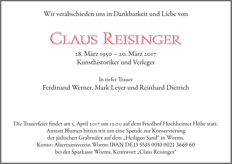  Traueranzeige für Claus Reisinger vom 01.04.2017 aus Trauerportal Rhein Main Presse