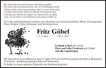 Traueranzeige von Fritz Göbel von Trauerportal Rhein Main Presse