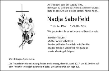 Traueranzeige von Nadja Sabelfeld von Trauerportal Rhein Main Presse