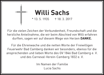 Traueranzeige von Willi Sachs von  Camberger Anzeiger