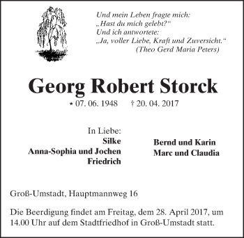 Traueranzeige von Georg Robert Storck von Trauerportal Echo Online