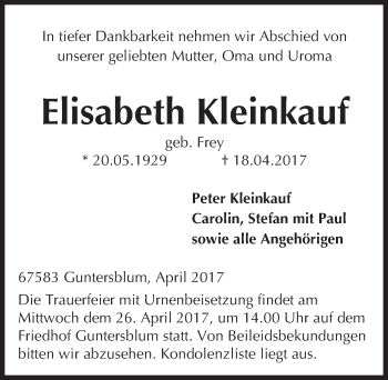 Traueranzeige von Elisabeth Kleinkauf von Trauerportal Rhein Main Presse