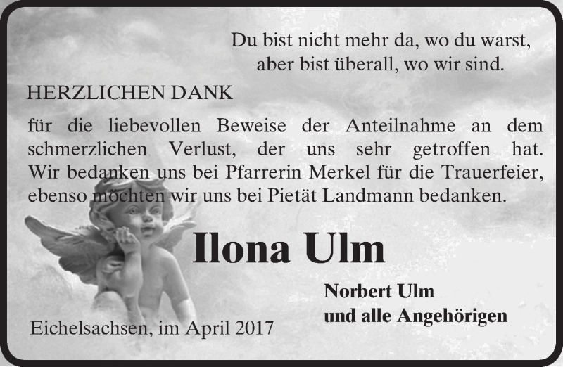  Traueranzeige für Ilona Ulm vom 15.04.2017 aus  Kreisanzeiger