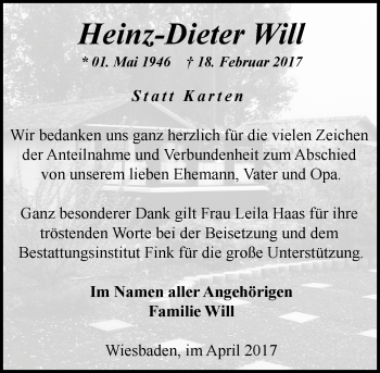 Traueranzeige von Heinz-Dieter Will von Trauerportal Rhein Main Presse