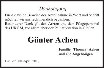Traueranzeige von Günter Achen von  Gießener Anzeiger