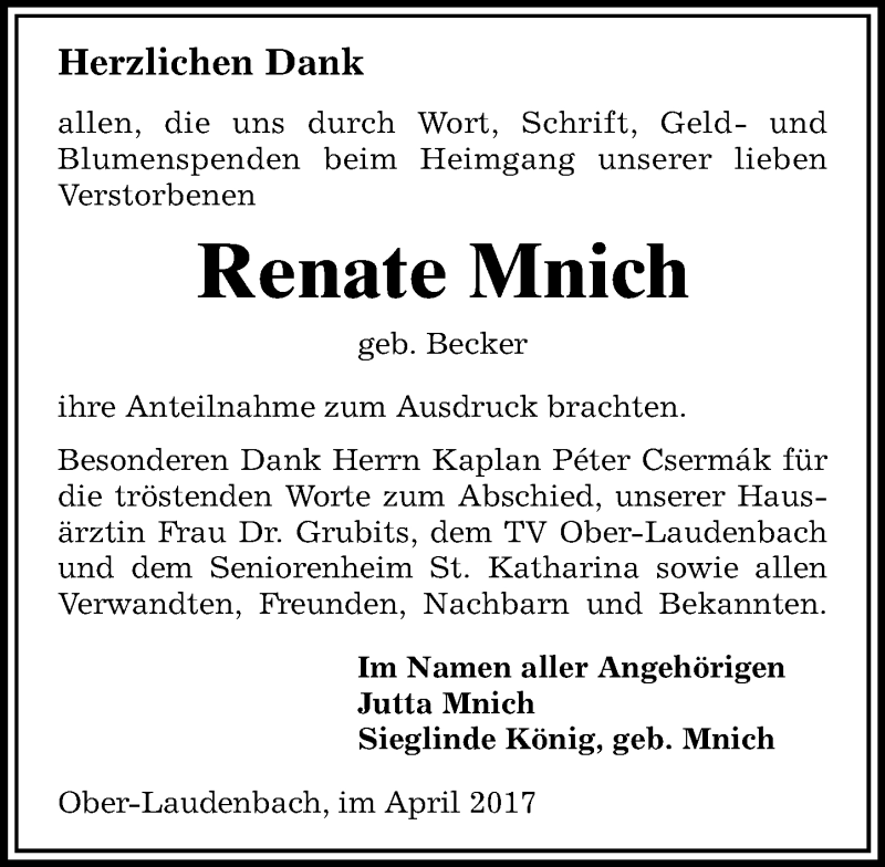  Traueranzeige für Renate Mnich vom 08.04.2017 aus Trauerportal Echo Online
