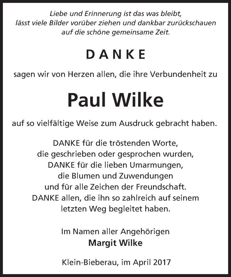  Traueranzeige für Paul Wilke vom 15.04.2017 aus Trauerportal Echo Online