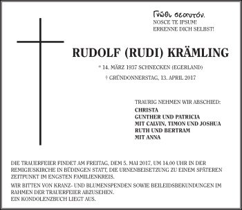 Traueranzeige von Rudolf Krämling von  Kreisanzeiger