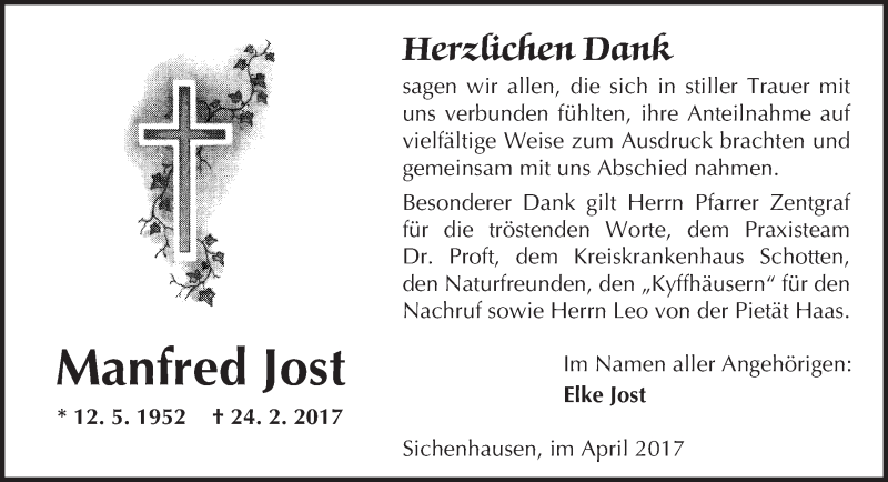  Traueranzeige für Manfred Jost vom 01.04.2017 aus VRM Trauer