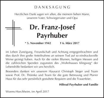 Traueranzeige von Franz-Josef Payrhuber von Trauerportal Rhein Main Presse